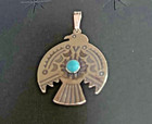 Navajo Sterling Silver Turquoise Stamped Thunderbird Pendant