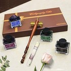 Calligraphy Pen Set     Includes Wooden Dip Pen  Antique Brass Holder  11 Ni