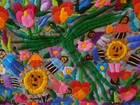 Peruvian Arpillera Textile Folk Art Heavily Embroidered Wall Hanging Sun Flowers