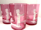 Three  3  Antique Mary Gregory Cranberry Glass Tumblers Boy With Fish  4  Tall