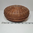 Vintage Round Woven Wicker Sewing Basket W  Lid 8 5 
