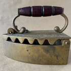 Antique Brass Charcoal Iron Ornate Geometric Design Wood Handle 1800s Toothed