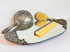 Vintage Silver Plated Vanity Set Mirror Brush Comb Tray Ornate Floral Victorian