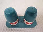 Vintage Mid Century Plastic Salt Pepper Shakers Set Red Greek Key Teal With Tray