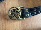 Vintage Brass Horse Belt Buckle Black Threaded Leather 38 In Vtg Boho S-m