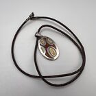 Rare Vintage Sterling Silver 925 Leather Lace Necklace Oval Pendant Enamel Italy