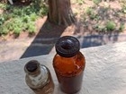 Vintage Lot Of 2 Glass Bottles Lysol Amber Paper Label Clear Cork Top
