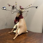 Vintage Primitive Handmade Sitting Reindeer With Birds Ornament Figure Folk Art