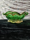 Vintage Green Glass With Gold Trim And Feet Small Oval Bowl
