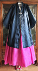 L-xl Traditional Korean Hanbok Dress Silk Durumagi Coat-navy Ivory Trim Tall Fit