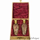 Antique Victorian Scent Perfume Bottles Pair Gilt Cased Gilded Enamel C1890