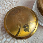 Vintage Glass Vanity Jar Set 2pc Floral Etched Brass Lids Ribbed Clear Glass