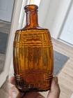Amber Applied Top Pint Figural Half Barrel Flask Bottle