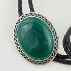 Vtg Green Stone Southwestern Bolo Tie Silver Tone Cowboy Western