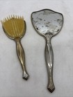 Vintage Hand Mirror brush Flowers Floral Lace Backing Dresser Vanity Victorian