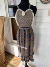 Vintage 50 s Cotton Blue Tan Floral Striped Ticking Full Apron Cottage Farm