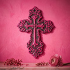 Rustic Pink Cast Iron Wall Cross Fleur De Lis Layered Floral Design 11 X 8 Inch