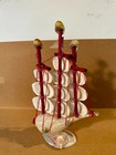 Seashell Sculpture Vintage Folk Art Sailing Ship Flags Shells