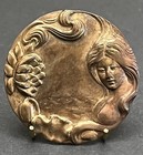 Gorgeous Antique Art Nouveau Woman   Floral Brass Button - 1-1 8   a 