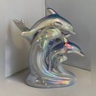 Ceramic Iridescent Dolphin   Waves Figurine Blue Lusterware Finish 5  Euc