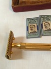 Vtg Gillette Razor Set Gold Tone Blue Blades Ball Handle Open Comb Double 50s