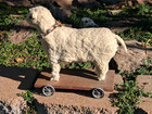 Antique German Putz Glass Eyed Wooly Sheep Pull Toy With Sleigh Bells