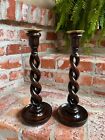 Pair Set Antique English Oak Open Barley Twist Candlesticks Candle Holder Brass