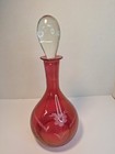 Vintage Cranberry Glass Etched Decanter With Clear Glass Stopper 