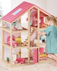 Wooden Dollhouse For Girls - 6 Rooms Wooden Doll House  Diy Pretend Doll Hous   