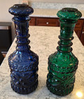 2  Jim Beam Cobalt Blue   Green Glass Bottle Decanter Kentucky Cork Stopper 12 