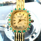 Vintage Geneve Watch Womans Gold Tone Emerald Bezel Quartz New Battery Runs