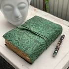 Handmade Embossed Green Leather Journal   Vintage Floral Notebook Diary