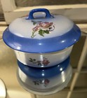 Vintage Made In England Four Piece Dresser Vanity Set Blue With Pink Roses