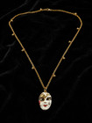 Vintage Gold Tone Venetian Masquerade Mask Pendant Necklace Enamel Rhinestone 31