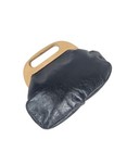 Vintage 70s Navy Blue Leather Pappagallo Purse Wooden Handles Bermuda Bag