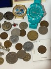 Vintage Junk Drawer Lot Watch Makers Coins Tokens Swiss Charlie Tuna Mvmts   35