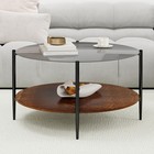 32 28  Round Glass Coffee Table Walnut Storage Shelf Black Leg Living Room Table