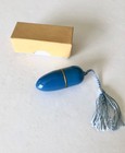 Vintage Enamel And Brass Sewing Kit Blue Bullet Capsule W tassel In Box Germany