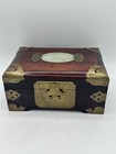 Shanghai Chinese Rosewood Jade Medallion Engraved Brass Red Satin Jewelry Box