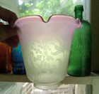 1890s Antique Frosted Glass Lamp Shade With Etched Flowers Ruffled Cranberry Rim