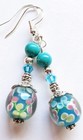 925 Sterling Silver Hook Lampwork Glass Blue Bead Flower Dangle Earrings   e922 