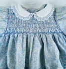 Vtg Polly Flinders Ls Dress 12 Months Blue Floral Hand Smocked Lace Collar   Hem