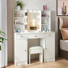 Vanity Wood Makeup Dressing Table Stool Set W drawer   Mirror Jewelry Desk White