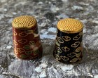 Vintage Cloisonne Thimble Red black Enameled Floral Gold Motif Brass Lot Of 2