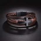 Men s Black Cross W  Brown Bracelet Christian Faith Religious Jesus Wristband