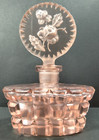 Rare Vintage Czech Art Deco Hand Cut Glass Pink Etched Perfume Bottle   Stopper
