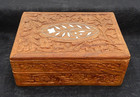 Vintage Beautiful Hand Carved Inlaid Wooden Storage Jewelry trinket Box  Sticker