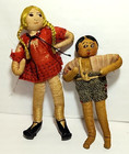 Antique Cloth Miniature Dollhouse Dolls Wired Bendable Embroidered Faces Hair