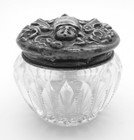 Antique Sterling Silver   Glass Dresser Powder Jar  Art Nouveau Woman Repousse