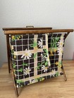 Vtg Mcm Knitting Sewing Caddy Crochet Yarn Basket Folding Wood Frame Mod Floral